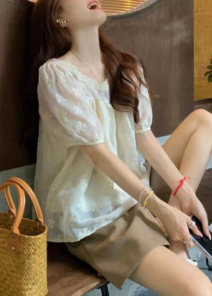 Women Apricot Square Collar Embroidered Cotton T Shirt Summer OP1021