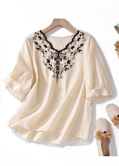 Women Apricot V Neck Embroidered Linen T Shirt Summer GG004