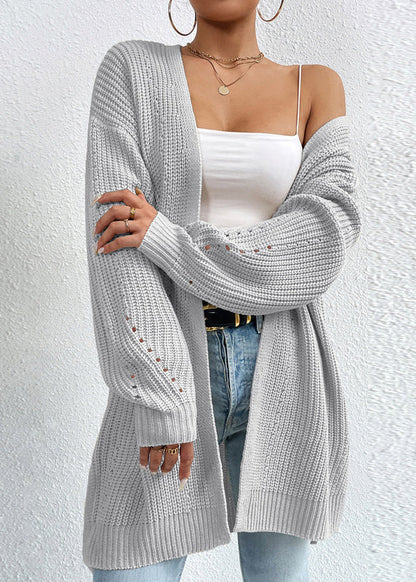 Women Apricot V Neck Loose Mid Knit Cardigan Fall QY011