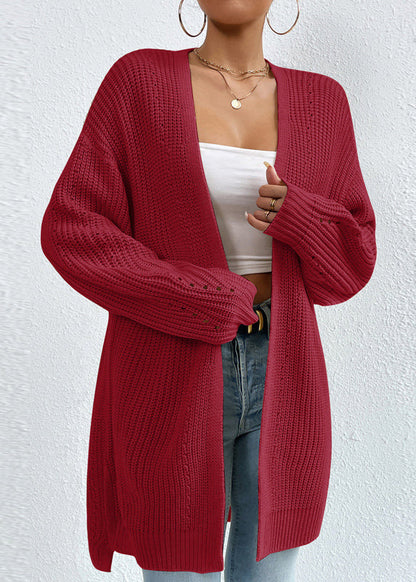 Women Apricot V Neck Loose Mid Knit Cardigan Fall QY011