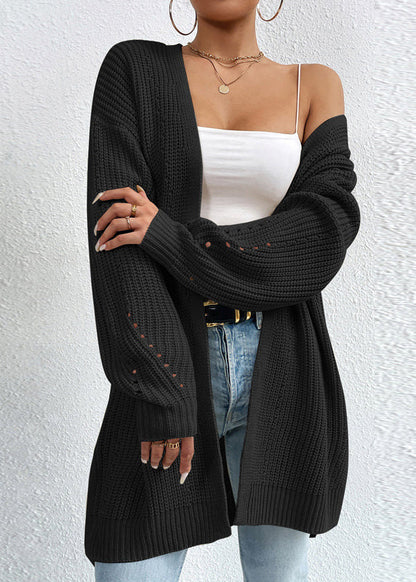 Women Apricot V Neck Loose Mid Knit Cardigan Fall QY011