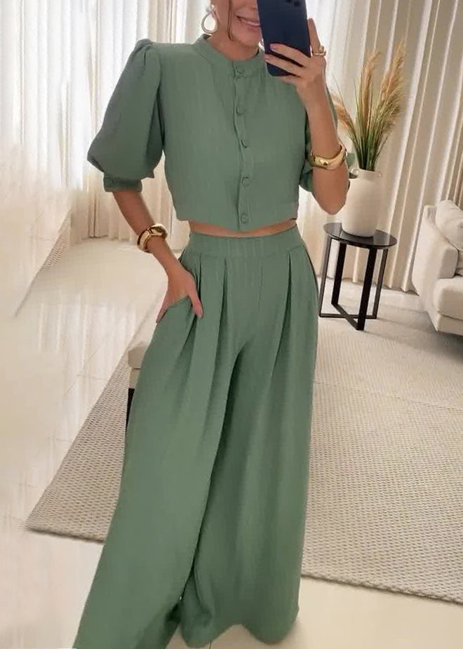 Women Army Green Button Pockets Cotton Two Piece Set Half Sleeve BB063