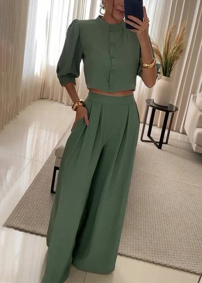 Women Army Green Button Pockets Cotton Two Piece Set Half Sleeve BB063