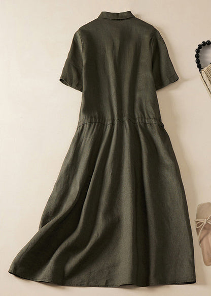 Women Army Green Lace Up Button Linen Dress Summer GG051