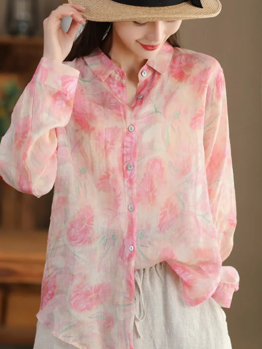 Women Artsy Spring Flower Ramie Shirt Ada Fashion