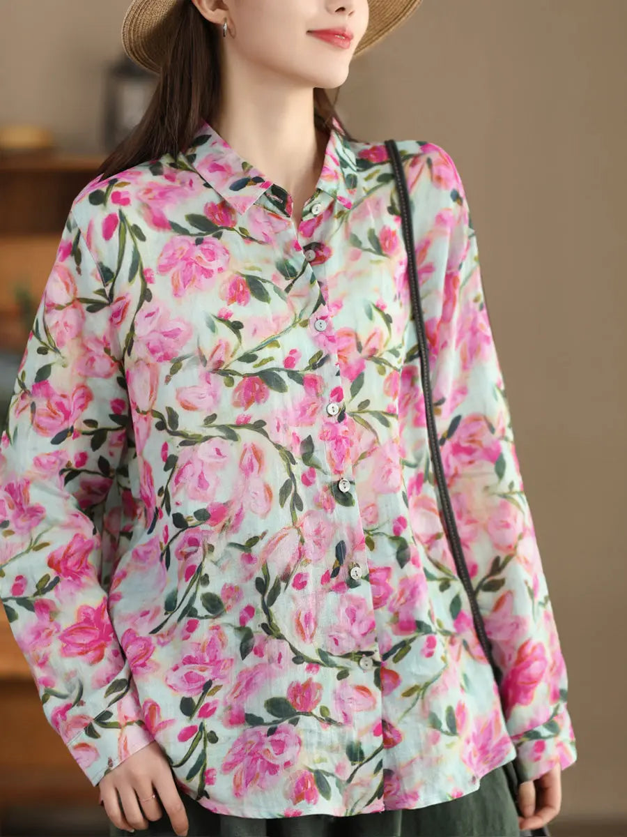 Women Artsy Spring Flower Ramie Shirt Ada Fashion
