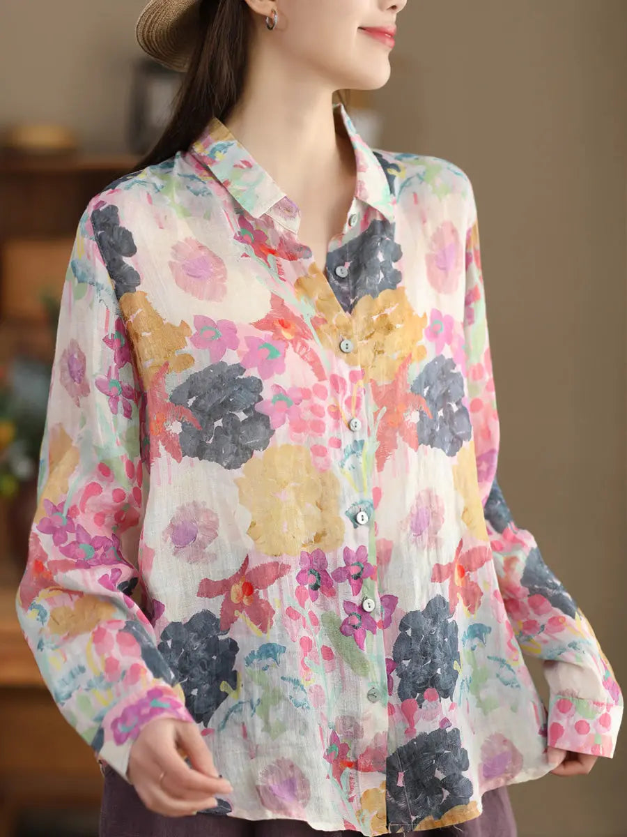 Women Artsy Spring Flower Ramie Shirt Ada Fashion