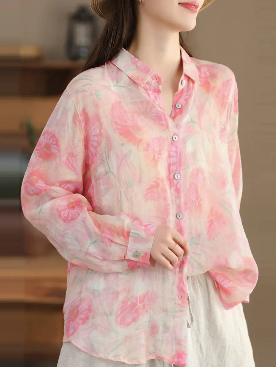 Women Artsy Spring Flower Ramie Shirt Ada Fashion