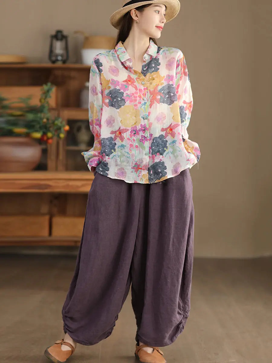 Women Artsy Spring Flower Ramie Shirt Ada Fashion