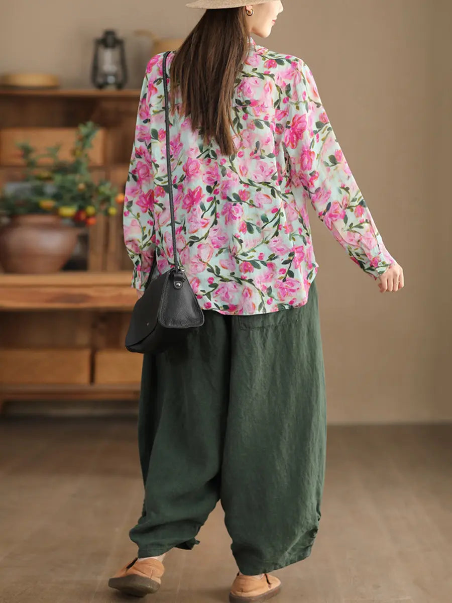 Women Artsy Spring Flower Ramie Shirt Ada Fashion