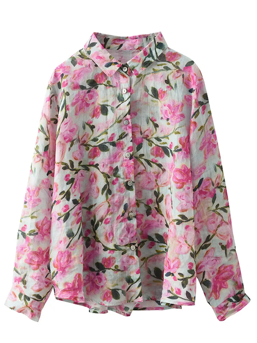 Women Artsy Spring Flower Ramie Shirt Ada Fashion