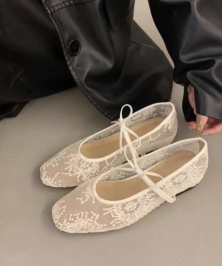 Women Splicing Embroidered Flats Breathable Mesh Bow Beige