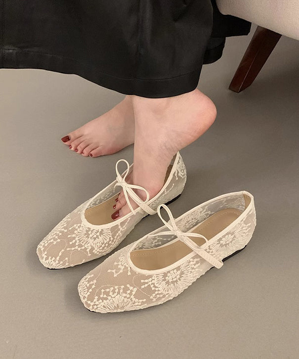 Women Splicing Embroidered Flats Breathable Mesh Bow Beige