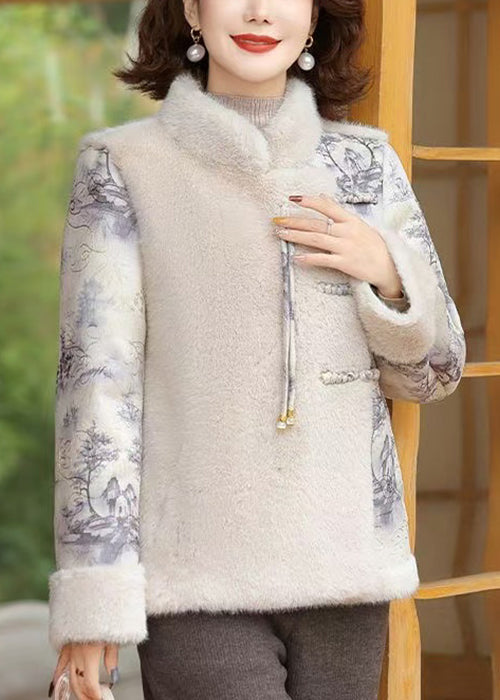 Women Beige Button Patchwork Mink Velvet Coats Winter RZ028