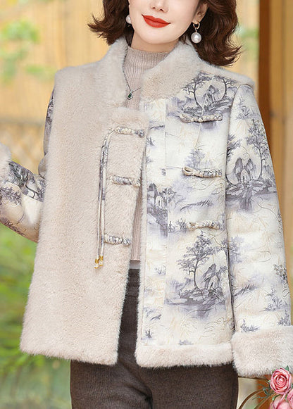 Women Beige Button Patchwork Mink Velvet Coats Winter RZ028