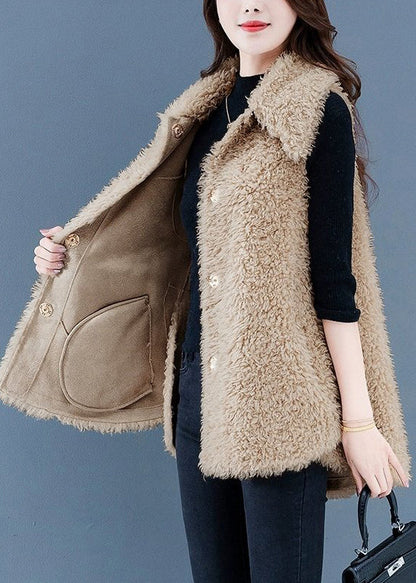 Women Beige Button Pockets Teddy Faux Fur Waistcoat Sleeveless WL026