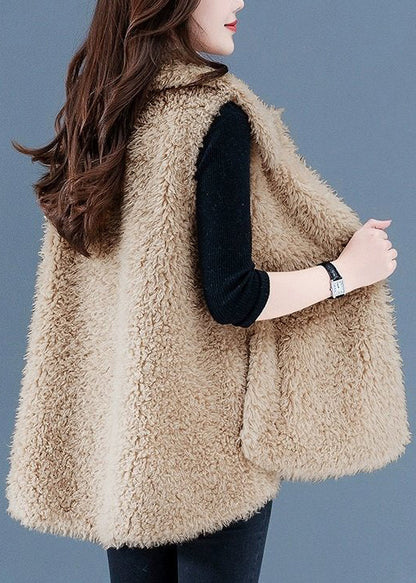 Women Beige Button Pockets Teddy Faux Fur Waistcoat Sleeveless WL026