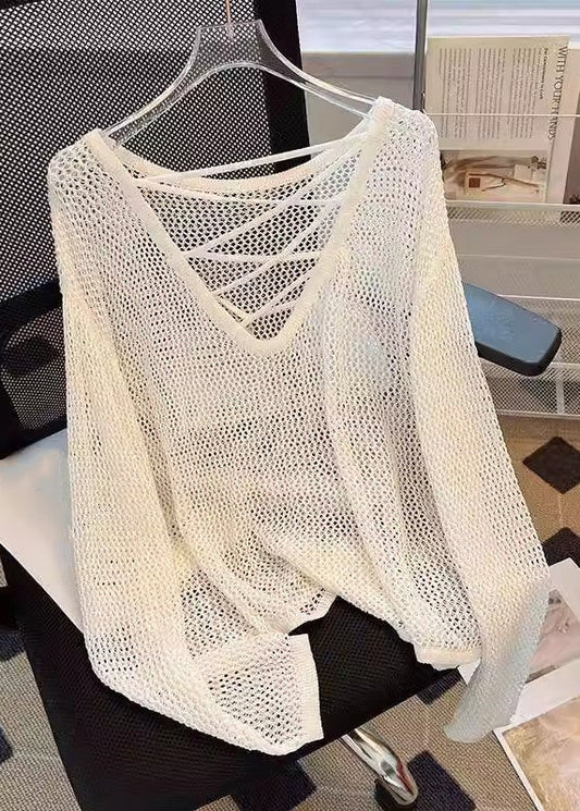 Tops Beige Solid Summer Women Knit Out Hollow