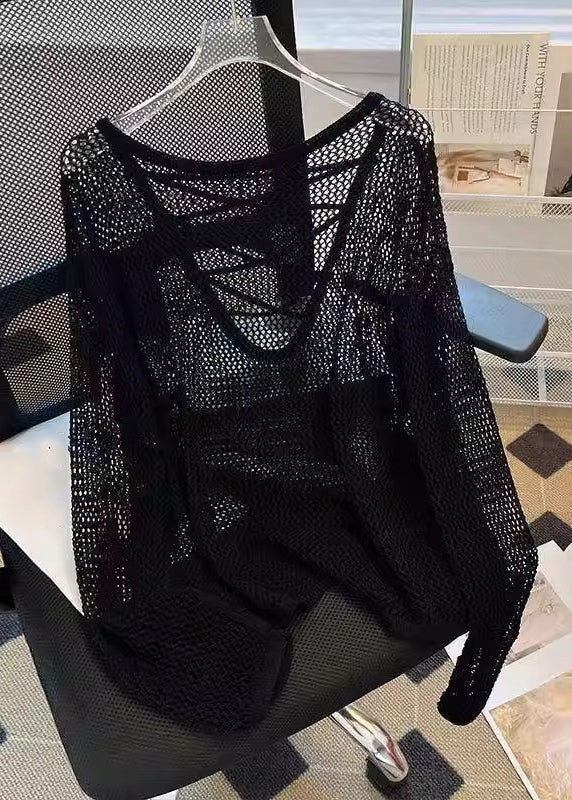 Hauts beiges unis d'été pour femmes en tricot ajouré