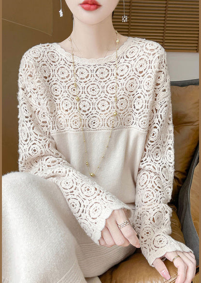 Women Beige Hollow Out Solid Wool Knit Sweater Winter WQ038