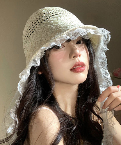 Women Beige Lace Hollow Out Straw Woven Floppy Sun Hat WB028