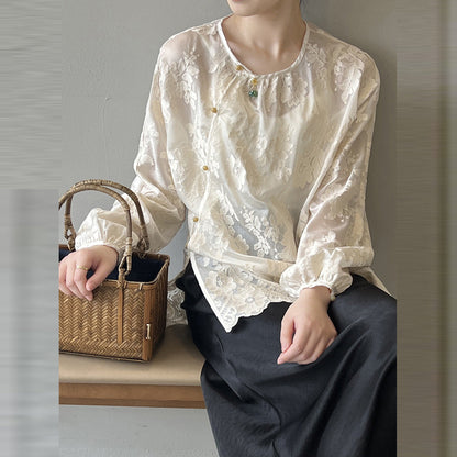 Women Beige O-Neck Print Chiffon Shirts Long Sleeve VB1086