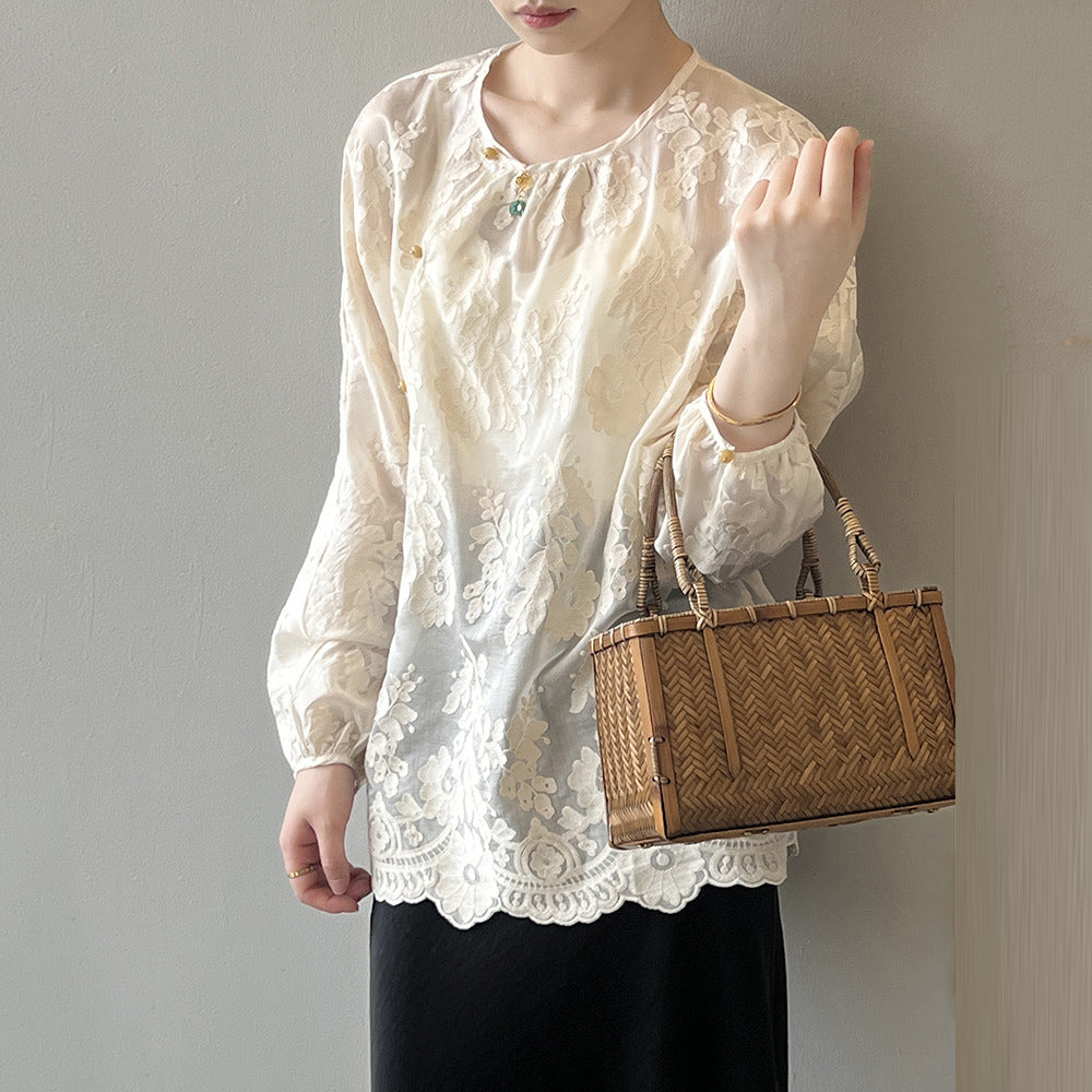 Beige Chiffon-Shirts mit Rundhalsausschnitt und langen Ärmeln für Damen VB1086