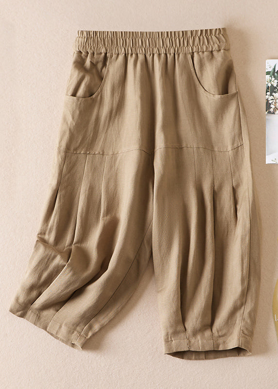 Women Beige Pockets Wrinkled Elastic Waist Cotton Shorts Summer AM1039