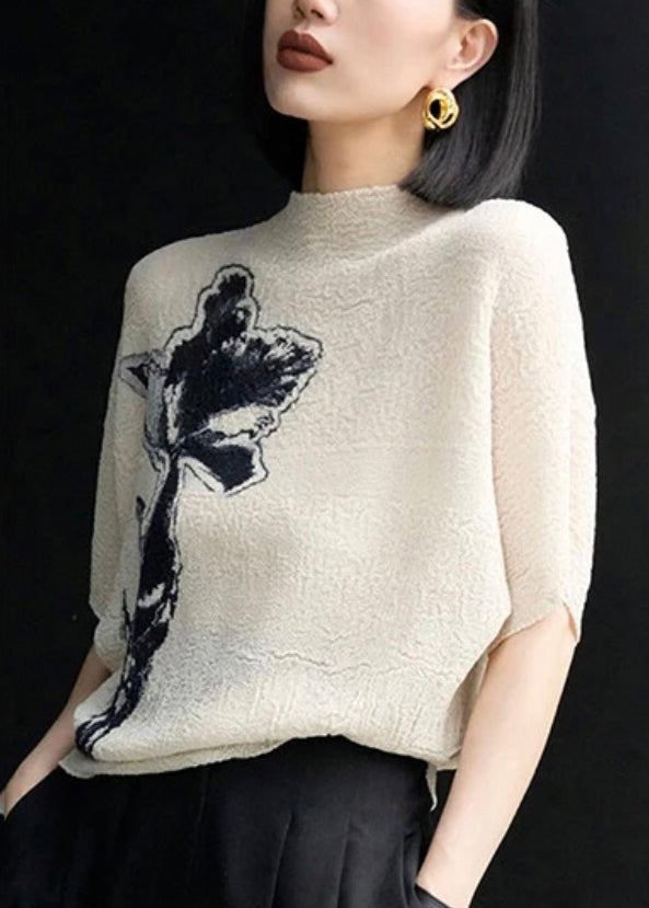 Women Batwing Shirts Beige Wrinkled Cotton T Sleeve Print
