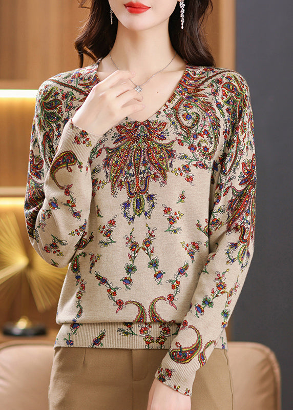 Women Beige V Neck Zircon Print Woolen Sweater Tops Spring TQ001