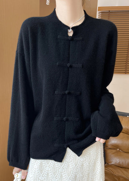 Women Black Button Solid Woolen Knit Coats Fall AB1041