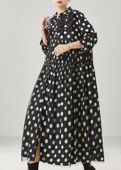 Women Black Dot Print Bow Tullle Long Dresses Spring YU1005