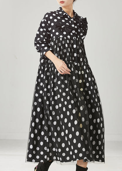 Women Black Dot Print Bow Tullle Long Dresses Spring YU1005