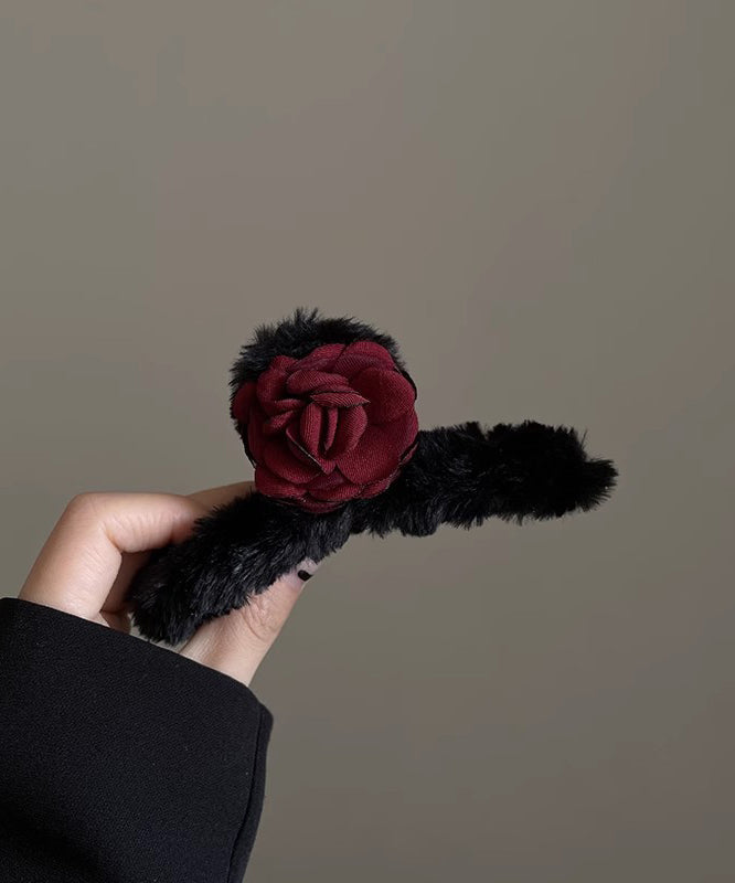 Women Black Fluffy Rose Shark Clamp Hairpin WP011