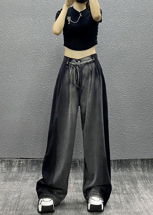 Women Black Grey Pockets Patchwork Denim Wide Leg Pants Fall RI008