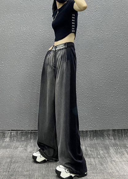 Women Black Grey Pockets Patchwork Denim Wide Leg Pants Fall RI008