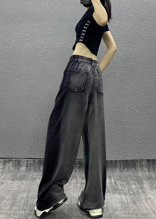 Women Black Grey Pockets Patchwork Denim Wide Leg Pants Fall RI008