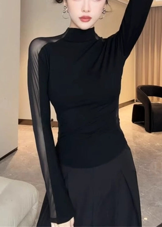 Hauts noirs ajourés en patchwork pour femme, coupe ajustée, printemps YP029