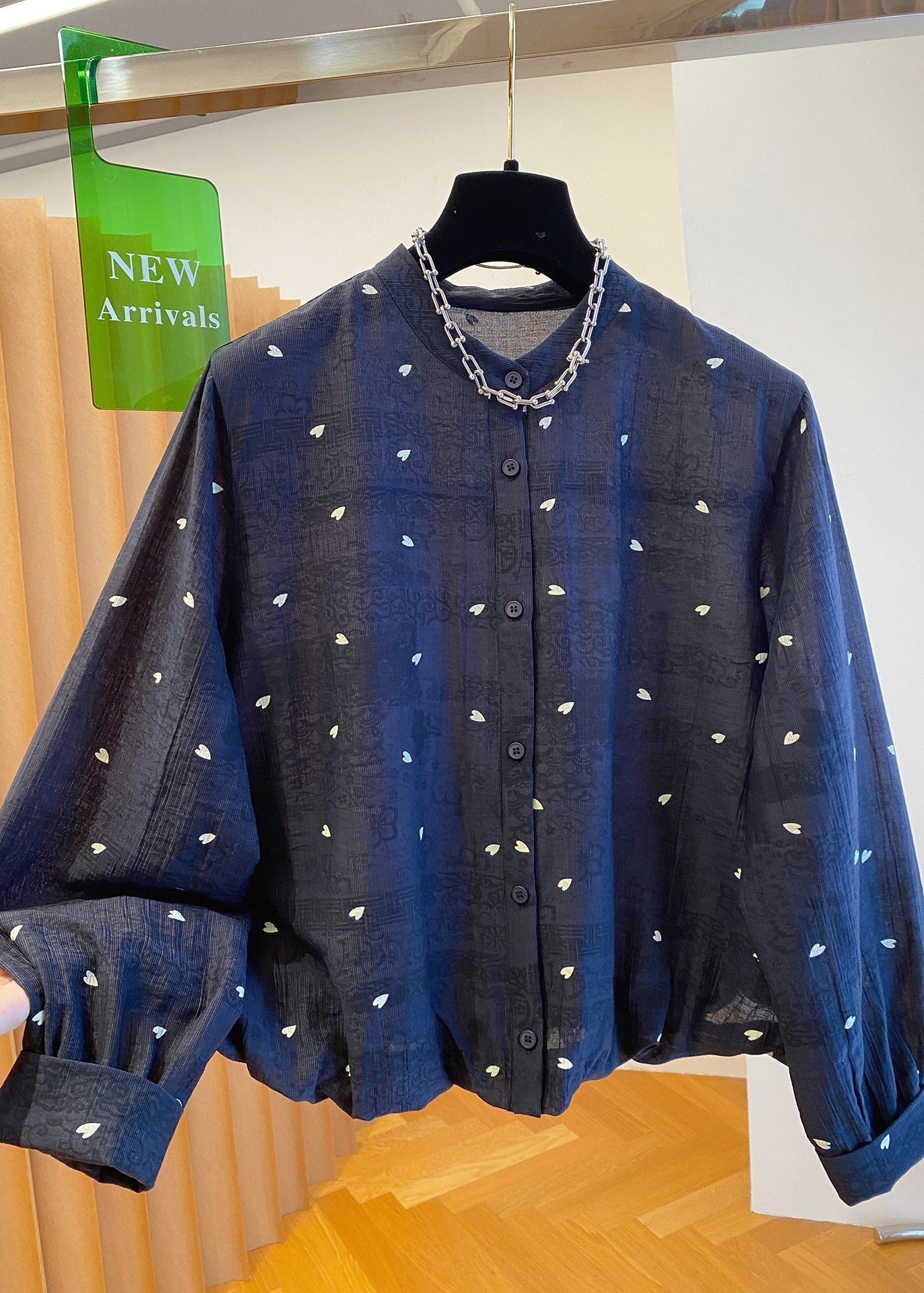 Cotton Neck Blouses Black Jacquard Button Women Fall O