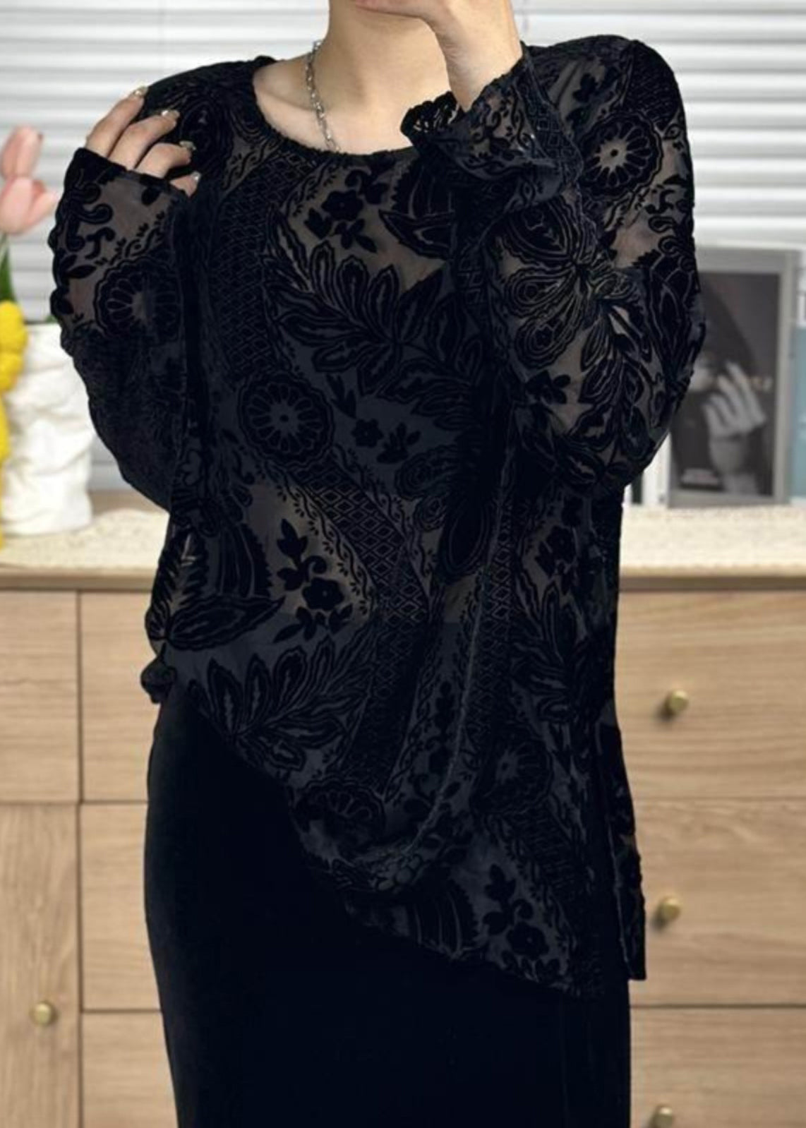 Women Black O Neck Jacquard Silk Velour Shirt Tops Fall WP050