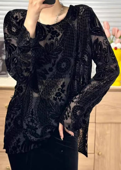 Women Black O Neck Jacquard Silk Velour Shirt Tops Fall WP050