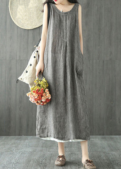 Women Black O Neck Pockets Linen Long Dresses Sleeveless FF064