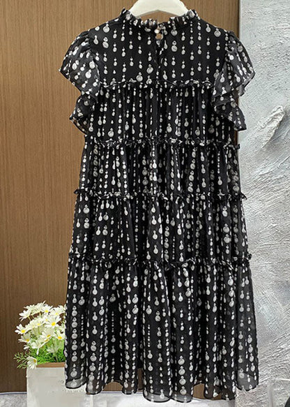 Women Black O-Neck Ruffled Patchwork Dot Print Long Dress Short Sleeve VB1055