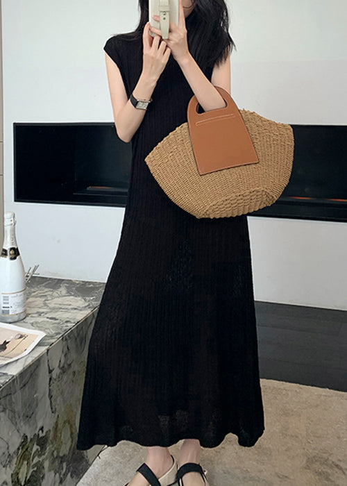 Women Black O-Neck Solid Knit Long Dresses Summer ZL010