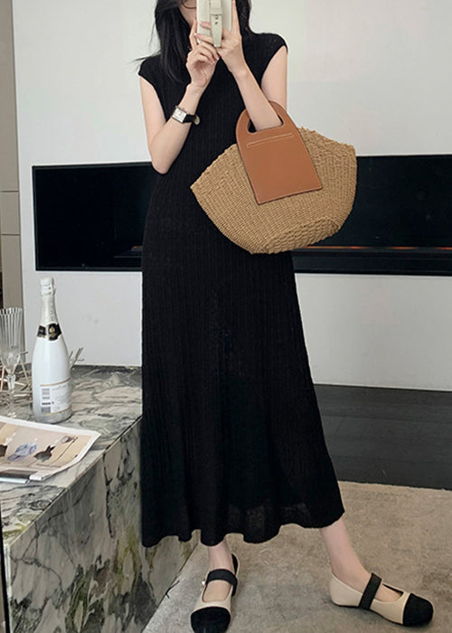 Women Black O-Neck Solid Knit Long Dresses Summer ZL010