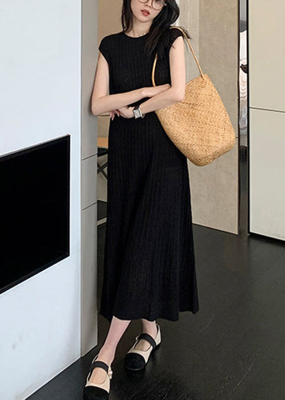 Women Black O-Neck Solid Knit Long Dresses Summer ZL010