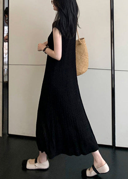 Women Black O-Neck Solid Knit Long Dresses Summer ZL010