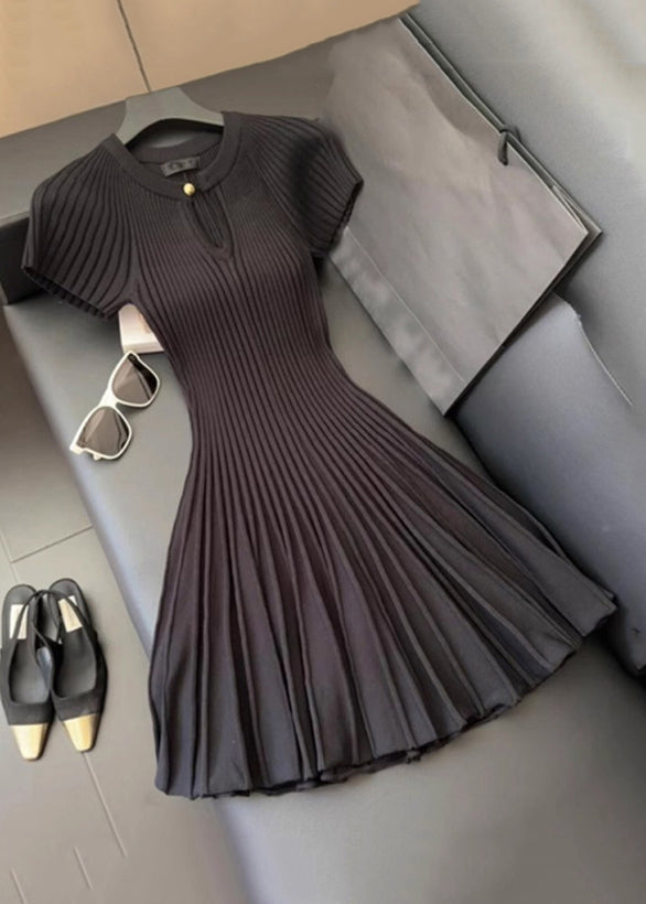 Damen Falten Solid Kleid Hals Sommer Strick Mid O Schwarz