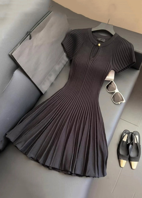 Damen Falten Solid Kleid Hals Sommer Strick Mid O Schwarz