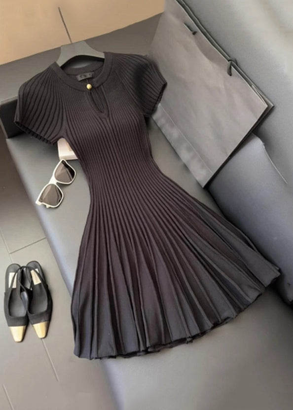 Damen Falten Solid Kleid Hals Sommer Strick Mid O Schwarz